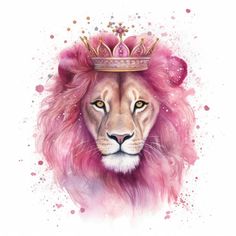 a watercolor painting of a lion with a crown on its head and pink hair