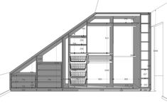 an architectural drawing of a loft space with shelves and drawers on the bottom floor,