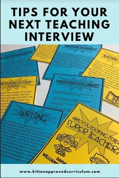 some yellow and blue papers with the words tips for your next teaching interview on them