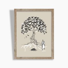 a black and white drawing of a person standing in front of a tree with birds flying around it