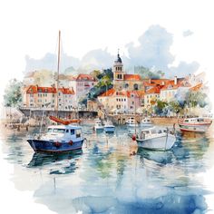 watercolor painting of boats in the harbor