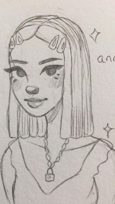 a drawing of a girl with long hair and an animal nose ring on her head