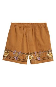 Inspired by an embroidered tablecloth from the 1930s–1950s, these relaxed shorts cut from cotton twill are embellished with fruit-and-floral stitchwork. 5" inseam; 27" leg opening; 13" front rise; 15" back rise (size Medium) Internal drawstring waist Side-seam pockets 100% cotton Dry clean Imported Designer Clothing Traditional Cotton Shorts For Summer, Vintage Floral Embroidered Bottoms For Summer, Vintage Embroidered Summer Bottoms, Bohemian Embroidered Cotton Shorts, Floral Embroidery Cotton Shorts, Floral Embroidered Cotton Shorts, Cotton Shorts With Contrast Trim, Black Embroidered Cotton Shorts, Beach Embroidered Cotton Shorts