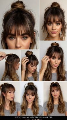 🌺 medium length hairstyles with bangs: Edgy Messy Bun with Bangs Look Cute Hairstyles With Front Bangs, Bubble Bangs Hairstyle, Straight Across Bangs Hairstyles, Face Framing Curtain Bangs Thick Hair, Bangs With Top Knot, Medium Length Hair Styles Bangs, How To Style Regular Bangs, Bangs With Messy Bun, Curtain Bangs Medium Hair Ponytail