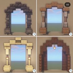 four different views of an open window with the sky and ocean in it's center