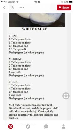 the recipe for white sauce is displayed on an iphone