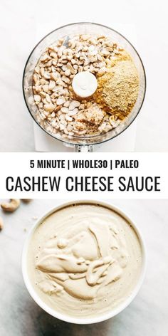 the ingredients to make cashew cheese sauce in a food processor, and then blended together