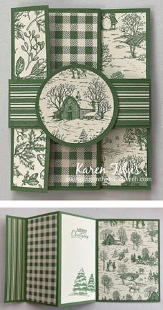 two different views of the inside of a card with green and white designs on it