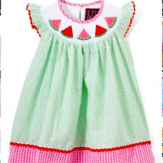 New - Green & White Seersucker Print - Pink & White Gingham Print - Green, Pink, & Red Watermelon Smocking Summer Gingham Smocked Dress, Playful Cotton Smocked Summer Dress, Playful Smocked Summer Beach Dress, Multicolor Smocked Dress For Summer Playtime, Playful Summer Smocked Dress, Playful Summer Smocked Dress With Smocked Back, Playful Summer Beach Smocked Dress, Playful Smocked Beach Dress For Summer, Playful Short Sleeve Smocked Dress For Spring