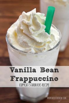 vanilla bean frappecino in a glass with whipped cream on top