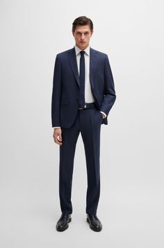 BOSS - Regular-fit suit in micro-patterned stretch fabric Suits Men Interview, Basic Suits For Men, Mens Black Tie Wedding Guest, Dark Navy Blue Groom Suit, Men’s Navy Suit, Asian Men Suit, Work Suits Men, Corporate Outfits Men, Business Professional Men