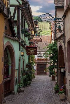 an alley way with lots of buildings and plants