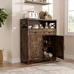 a rustic wooden cabinet with open doors and shelves on the top, in a living room