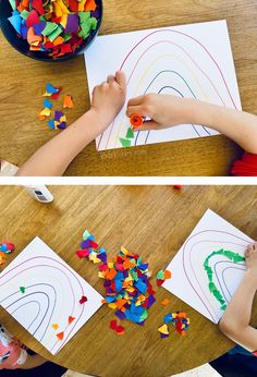 two pictures of children playing with colored paper and scissors on the table next to each other