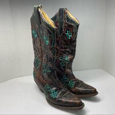 Corral Boots Whiskey/Turquoise Three Cross Cowgirl Boots R1019 Womens Sz 6.5m. Corral Boots, Cowgirl Boots, Shoes Heels Boots, Blue Brown, Shoes Women Heels, Whiskey, Heeled Boots, Shoes Heels, Color Blue