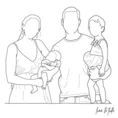 a black and white drawing of three people holding a baby in their arms, with the man standing behind them