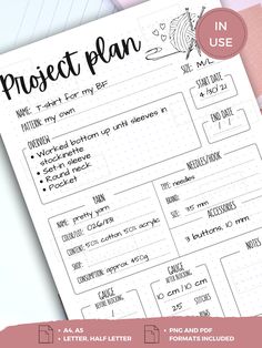 a printable project plan is shown on top of a pink and white background with the words project plan written in cursive writing