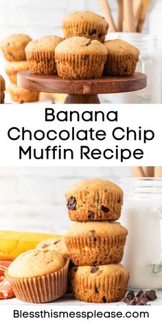 banana chocolate chip muffins stacked on top of each other with the title above it