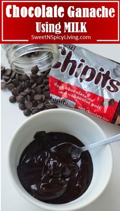 chocolate ganache using milk in a white bowl next to coffee beans and a bag of chips