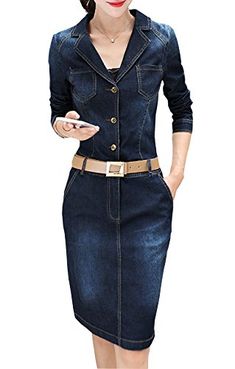 LISUEYNE Women's Elegant Denim Dress Casual Denim Long Sleeve Turn-Down Collar Slim Mini Evening Dress Girls Denim Shirt, Girls Jean Dress, Silhouette Mode, Vestidos Jeans, Sleeveless Denim Dress, Buy Dress, Couture Dresses, Long Sleeve Mini Dress