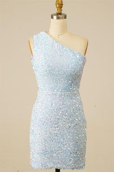 Joyofdress this light blue homecoming dress flaunts a one-shoulder neckline featuring spaghetti straps that lace up at the back, and a sheath silhouette bedecked with sequins.    Color: Light Blue.  Fabric: Sequins. Shell: 100% Polyester Length: Short Length  Back: Lace-Up. Fully lined. Built-in bra Hand Wash Cold. Do Not Bleach. Line Dry. Iron Low Heat. Light Blue Homecoming Dresses, Light Blue Homecoming Dress, Homecoming 2023, Senior Hoco, Sparkly Dresses, Formal Ideas, Taylor Swif, Sequin Homecoming Dress, Winter Ball