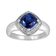 Get ready to sparkle when you wear this stunning lab-created sapphire ring.Ring Details: Width: .49-in. Metal: rhodium-plated sterling silverDiamond Details: Carat total weight: less than .1 Cut: round Setting: prongGemstone Details: Gemstone type: lab-created sapphire Cut: cushion Setting: prongImage(s) may be enlarged to show detail.Diamond weights are approximate. Diamond total weights may vary between .01 and .08 ct. Some diamonds have fewer than 17 facets.Gemstones may have been treated to Cushion Rings, Silver Lab, Sunflower Jewelry, Diamond Accent Ring, Out Of Reach, Right Hand Rings, Silver Jewellery Sets, Silver Jewelry Pendant, Silver Engagement Rings