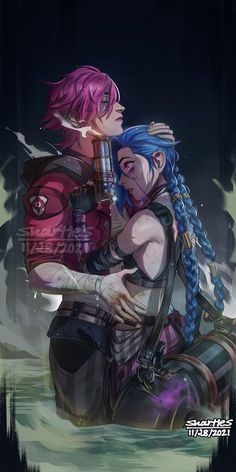 Anime Sleeve Tattoo Color, Vi X Jinx Fanart, Arcane Vi X Caitlyn Fanart, Arcane League Of Legends Fanart, Jinx And Vi Fan Art, Vi And Jinx Fan Art, Jinx League Of Legends Fanart, Jinx Concept Art, Aot Fan Art