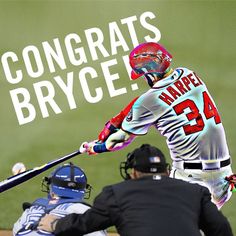 a baseball player swinging a bat on top of a field with the words congrats bryce above him