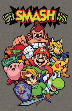 the super smash bros poster is shown in front of an image of mario and other characters