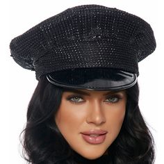 Bling Patrol Style Cop Hat With Rhinestone Overlay And Vinyl Brim. Black. This Is A Rigid, Non-Collapsible, Non-Adjustable Hat. Measures About: 6" High, 10" Diameter Top Of Hat, And 22-1/2" Circumference Around The Inside Of The Head Opening. Inside Does Have A Little Bit Of Stretch To It If Needed. Please Note: Due To Storage And Transit, Hat May Need To Be Gently Reshaped On Arrival. New In Package. Great For Halloween Costumes, Parties, Raves, Festivals Or Role Play In The Bedroom! Black Hat With Rhinestones For Evening, Adjustable Black Hats With Rhinestones, Adjustable Black Hat With Rhinestones, Black Brimmed Hat With Rhinestones, Trendy Party Visor Hat, Black Evening Hat With Rhinestones, Black Evening Hats With Rhinestones, Trendy Party Hats With Rhinestones, Trendy Rhinestone Party Hats