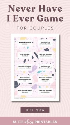 the never have i ever game for couples is shown in pink and black with text that reads