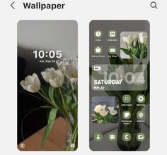 two iphone screens with flowers in vases and the same time displayed on one screen