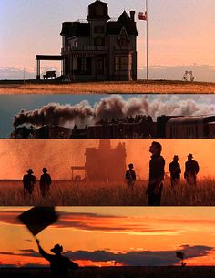 three different scenes from the same movie with people standing in front of a house and an old train