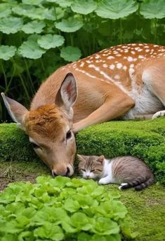 a deer laying down next to a kitten