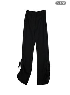 ribbon-slim-fit-shirred-pants-cy423 / Black Fitted Black Ruched Pants, Fitted Ruched Black Pants, Black Elastic Casual Pants, Casual Black Elastic Pants, Stretch Black Ruched Pants, Casual Black Bottoms With Ruched Sides, Trendy Pants With Elastic Waistband, Trendy Stretch Pants With Drawstring, Black Ruched Bottoms For Spring