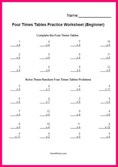 four times table worksheet with numbers in the middle and one at the top