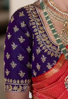 Red And Blue Blouse Work Designs, Katan Saree Blouse Design, Floral Maggam Work Blouse Designs, Red Saree Green Blouse Bridal, Red Saree With Contrast Blouse, Bridal Blouse Embroidery Designs, Maroon Blouse Designs, Blouse Maggam Work Designs, Maggam Blouses