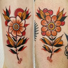 two tattoos with flowers on their legs, one is orange and the other is red