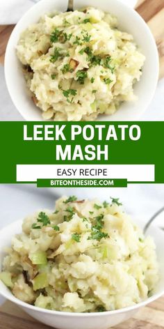 two bowls filled with mashed potatoes and topped with parsley