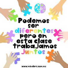 several hands holding puzzle pieces with the words podemos ser differentes perro en est case trabjajasmos juniors