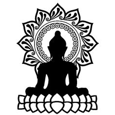 a black and white image of a buddha sitting in the middle of a lotus flower