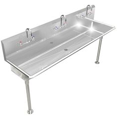 two stainless steel sinks with three faucets on each side and one under the sink