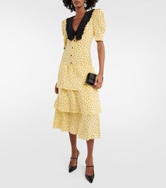 Floral Silk Midi Dress in Yellow - Alessandra Rich | Mytheresa Womens Long Skirt, Cake Dress, Yellow Midi Dress, Dress Looks, Alessandra Rich, Dress Cake, Laura Geller, Silk Midi Dress, Contrast Collar