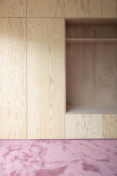 an empty shelf in the corner of a room with pink carpet and wood paneling