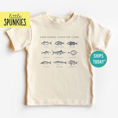 Retro Graphic Tees for Kids, Gone Fishing Catch You Later Natural Toddler T-Shirt, Summer Lake Shirt PRODUCTION TIME Little Spunkies from the designer/owner of Spunky Pineapple Co https://www.etsy.com/shop/SpunkyPineappleCo   All baby and toddler clothes are 100% designed and printed with water based ink. All orders placed before 12:00 pm EST are shipped out same day (Monday - Friday). Orders received after noon are shipped out the next business day. ONESIES® BRAND Made from 100% Cotton. We print on Onesies® Brand. T-SHIRT Made from 100% Cotton. These run true to size. If you are in between sizes we suggest sizing up. CARE Machine wash in cold water, inside out, and tumble dry.   SHIPPING All orders are shipped out via USPS First Class Mail (3-4 days).   Shipping upgrades are available at Retro Fishing, Funny Toddler Shirt, Toddler Size Chart, Kids Fishing, Retro Graphic Tees, Gone Fishing, Fishing T Shirts, Toddler Tees, Fishing Shirts