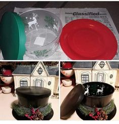 there are three pictures of different things in the same photo, one has a plastic bowl and another has a plastic plate