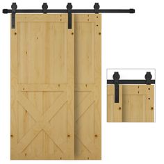 an open sliding door with black hardware on the side and two wooden planks attached to it