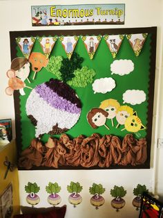 a bulletin board with animals and plants on it's side in front of a green wall