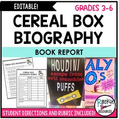 the cereal box book report is shown in this graphic file and includes information for students to use