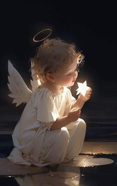 a little angel sitting on the ground holding a star in her hand and looking at it